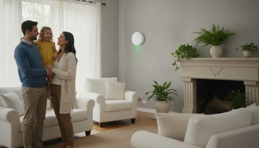 A cozy and inviting living room scene featuring a modern carbon monoxide detector mounted on a wall. In the foreground, a family of three—a father, mother, and child—stand together, smiling and interacting, dressed in casual but neat clothing. The middle ground shows a bright and well-lit room with soft natural lighting coming through a window adorned with light, airy curtains. In the background, a fireplace and plants add warmth and comfort. The atmosphere is reassuring and safe, highlighting the benefits of having a carbon monoxide detector. The composition captures the essence of home safety and family well-being, with a shallow depth of field to emphasize the detector as the focal point without any text or distractions. A cozy and inviting living room scene featuring a modern carbon monoxide detector mounted on a wall. In the foreground, a family of three—a father, mother, and child—stand together, smiling and interacting, dressed in casual but neat clothing. The middle ground shows a bright and well-lit room with soft natural lighting coming through a window adorned with light, airy curtains. In the background, a fireplace and plants add warmth and comfort. The atmosphere is reassuring and safe, highlighting the benefits of having a carbon monoxide detector. The composition captures the essence of home safety and family well-being, with a shallow depth of field to emphasize the detector as the focal point without any text or distractions.