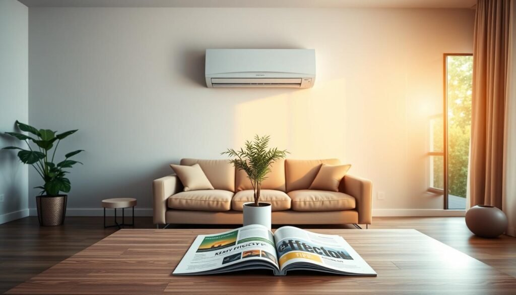 A cozy, minimalist living room with a large wall-mounted air conditioning unit in the center. The room is bathed in warm, diffused lighting, creating a soothing atmosphere. In the foreground, a sleek, modern coffee table with a magazine open, showcasing energy efficiency tips. The middle ground features a plush, neutral-toned sofa and a potted plant, suggesting a sense of balance and environmental awareness. The background depicts a large window overlooking a lush, verdant landscape, highlighting the connection between indoor climate control and its impact on the natural world. The overall composition conveys a harmonious, eco-conscious living space.