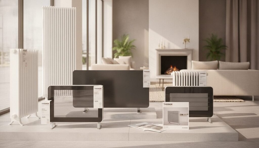 A detailed analysis of Thermor radiator prices and product range, featuring a variety of sleek modern radiators displayed in a well-lit, contemporary showroom. In the foreground, showcase different Thermor models with price tags elegantly arranged alongside them. The middle ground should include stylish brochures highlighting product specifications, with a background of a stylish home scene featuring cozy interior decor. Use natural lighting streaming through large windows to create a warm, inviting atmosphere. Employ a shallow depth of field to focus on the radiators, emphasizing their clean lines and modern design. Capture the image from a slightly elevated angle to provide a comprehensive view, evoking a sense of sophistication and professionalism. A detailed analysis of Thermor radiator prices and product range, featuring a variety of sleek modern radiators displayed in a well-lit, contemporary showroom. In the foreground, showcase different Thermor models with price tags elegantly arranged alongside them. The middle ground should include stylish brochures highlighting product specifications, with a background of a stylish home scene featuring cozy interior decor. Use natural lighting streaming through large windows to create a warm, inviting atmosphere. Employ a shallow depth of field to focus on the radiators, emphasizing their clean lines and modern design. Capture the image from a slightly elevated angle to provide a comprehensive view, evoking a sense of sophistication and professionalism.