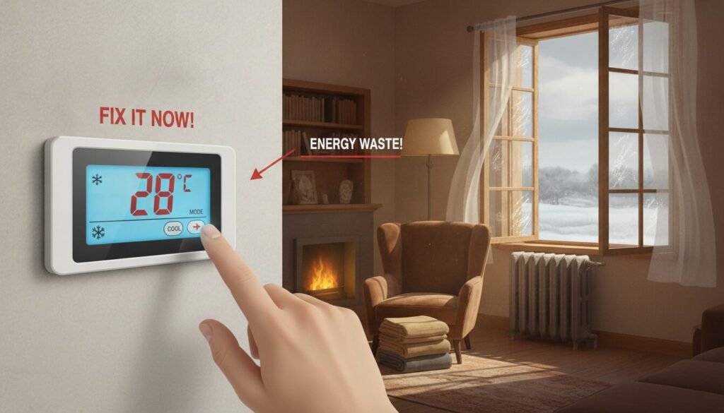 A detailed illustration of common heating errors in a domestic setting, focusing on elements like an incorrectly set thermostat, open windows, and blocked radiators. In the foreground, showcase a thermostat display showing an incorrect temperature setting. The middle ground features a radiator partially obscured by furniture and an open window revealing a chilly exterior. In the background, depict a cozy living room with warm lighting casting soft shadows, enhancing the contrast between warmth and cold. Capture the mood of awareness and urgency, prompting the viewer to consider energy efficiency. Use a close-up angle to highlight the details of the thermostat and the surrounding environment. Emphasize a clean, professional look, free from any distractions, ensuring a clear focus on energy management challenges. A detailed illustration of common heating errors in a domestic setting, focusing on elements like an incorrectly set thermostat, open windows, and blocked radiators. In the foreground, showcase a thermostat display showing an incorrect temperature setting. The middle ground features a radiator partially obscured by furniture and an open window revealing a chilly exterior. In the background, depict a cozy living room with warm lighting casting soft shadows, enhancing the contrast between warmth and cold. Capture the mood of awareness and urgency, prompting the viewer to consider energy efficiency. Use a close-up angle to highlight the details of the thermostat and the surrounding environment. Emphasize a clean, professional look, free from any distractions, ensuring a clear focus on energy management challenges.