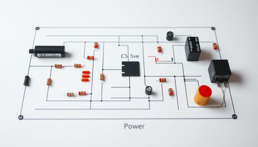 A detailed, technical diagram of an electric circuit layout, showcasing various components like resistors, capacitors, and a power source. The circuit is arranged neatly on a clean, white background, with a focus on clarity and precision. The lighting is soft and even, highlighting the intricate connections and the functional nature of the design. The perspective is slightly elevated, allowing the viewer to see the overall structure and layout of the circuit. The mood is one of educational, informative presentation, suitable for a technical article on electrical calculations.