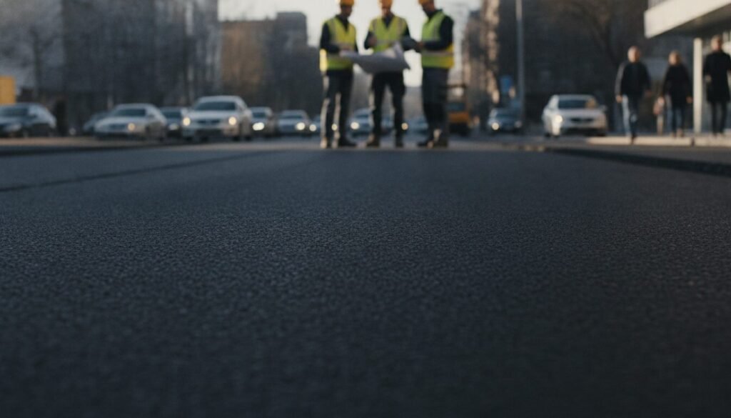 A detailed view of a high-quality asphalt mixture, showcasing its smooth texture and dark surface in the foreground. In the middle ground, a construction site with workers in professional attire, discussing the benefits of the asphalt's performance under bright sunlight. The background features an urban road scene with cars and pedestrians, highlighting the practical application of the asphalt. Soft, natural daylight illuminates the scene, casting gentle shadows that enhance the texture of the asphalt. The mood is focused and professional, conveying efficiency and innovation in construction technology. Use a slight angle to provide depth, showcasing both the workers and the asphalt's surface effectively. A detailed view of a high-quality asphalt mixture, showcasing its smooth texture and dark surface in the foreground. In the middle ground, a construction site with workers in professional attire, discussing the benefits of the asphalt's performance under bright sunlight. The background features an urban road scene with cars and pedestrians, highlighting the practical application of the asphalt. Soft, natural daylight illuminates the scene, casting gentle shadows that enhance the texture of the asphalt. The mood is focused and professional, conveying efficiency and innovation in construction technology. Use a slight angle to provide depth, showcasing both the workers and the asphalt's surface effectively.
