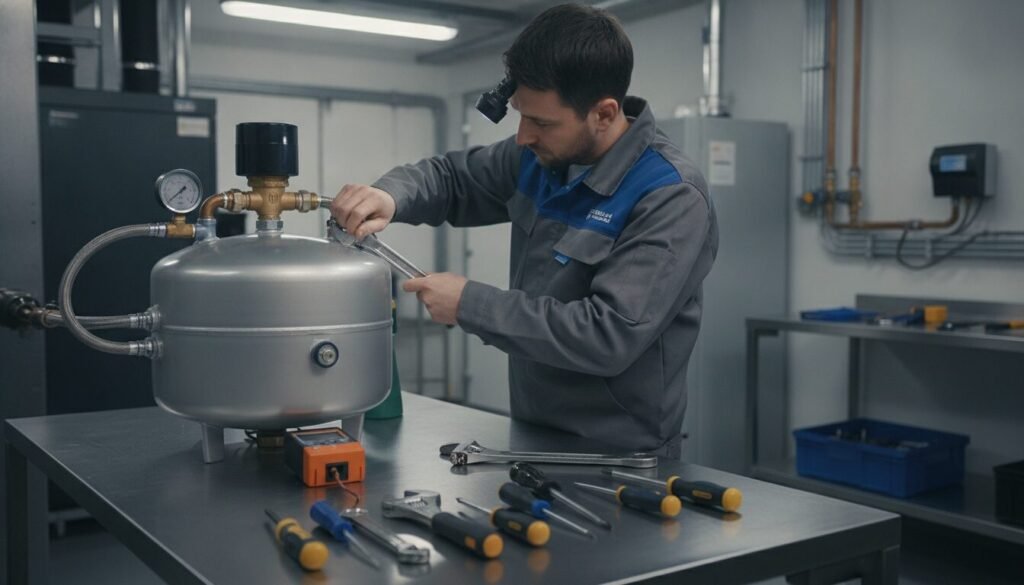 A detailed view of an expansion vessel maintenance check. In the foreground, a technician in a professional uniform carefully examines a modern, silver expansion vessel with various gauges and connections, using a wrench. The middle ground features tools like pliers and screwdrivers on a neatly arranged workbench. Soft, even lighting highlights the metallic textures and gives a clean, organized feel to the scene. In the background, a utility room is visible, with blurred pipes and equipment, creating an atmosphere of a professional workshop. The overall mood is focused and technical, emphasizing precision and expertise in maintenance and troubleshooting. A detailed view of an expansion vessel maintenance check. In the foreground, a technician in a professional uniform carefully examines a modern, silver expansion vessel with various gauges and connections, using a wrench. The middle ground features tools like pliers and screwdrivers on a neatly arranged workbench. Soft, even lighting highlights the metallic textures and gives a clean, organized feel to the scene. In the background, a utility room is visible, with blurred pipes and equipment, creating an atmosphere of a professional workshop. The overall mood is focused and technical, emphasizing precision and expertise in maintenance and troubleshooting.