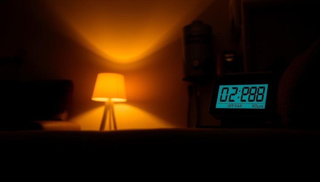 A dimly lit living room, the corner of a couch in the foreground. On a side table, a digital clock display shows the "off-peak" hours. The room is bathed in a warm, amber glow from a single floor lamp, casting soft shadows across the space. In the background, a water heater sits against the wall, its digital display indicating energy-saving mode. The overall atmosphere is cozy and contemplative, suggesting the importance of optimizing energy consumption during off-peak hours.