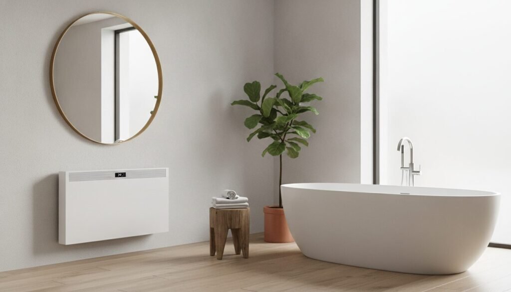 A modern bathroom showcasing the installation of a blowing heater, positioned elegantly on the wall near a beautifully designed mirror. In the foreground, the heater features sleek lines and a contemporary design, blending seamlessly with the neutral color palette of the bathroom. The middle layer includes a stylish bathtub and decorative elements such as plants and towels, creating a cozy yet functional atmosphere. The background presents soft, diffused natural light coming through a frosted window, enhancing the serene feel of the space. The image captures a wide-angle view, showcasing the heater's practical placement while emphasizing the overall aesthetic of the bathroom environment. A modern bathroom showcasing the installation of a blowing heater, positioned elegantly on the wall near a beautifully designed mirror. In the foreground, the heater features sleek lines and a contemporary design, blending seamlessly with the neutral color palette of the bathroom. The middle layer includes a stylish bathtub and decorative elements such as plants and towels, creating a cozy yet functional atmosphere. The background presents soft, diffused natural light coming through a frosted window, enhancing the serene feel of the space. The image captures a wide-angle view, showcasing the heater's practical placement while emphasizing the overall aesthetic of the bathroom environment.