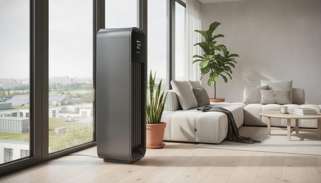 A modern interior scene showcasing an efficient "inertial heat radiator" designed for energy optimization. In the foreground, a sleek, stylish radiator is positioned next to a large window, with sunlight accentuating its smooth surface. The middle layer features a cozy living space, furnished with a minimalistic sofa and potted plants, creating a warm and inviting atmosphere. The background includes a view of a serene urban landscape through the window, emphasizing energy conservation. Soft, natural lighting floods the room, casting gentle shadows. The overall mood exudes tranquility and modern energy efficiency, perfectly illustrating the concept of optimizing energy consumption in a home setting. A modern interior scene showcasing an efficient "inertial heat radiator" designed for energy optimization. In the foreground, a sleek, stylish radiator is positioned next to a large window, with sunlight accentuating its smooth surface. The middle layer features a cozy living space, furnished with a minimalistic sofa and potted plants, creating a warm and inviting atmosphere. The background includes a view of a serene urban landscape through the window, emphasizing energy conservation. Soft, natural lighting floods the room, casting gentle shadows. The overall mood exudes tranquility and modern energy efficiency, perfectly illustrating the concept of optimizing energy consumption in a home setting.