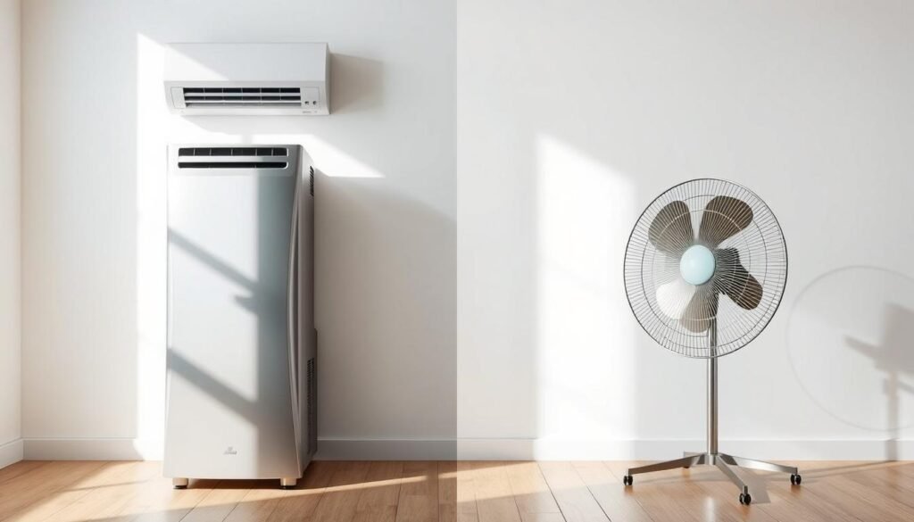 A side-by-side comparison of a modern sleek air conditioner unit and a retro-style standing fan, set against a minimalist, light-filled room with clean white walls and wooden floor. The air conditioner is highlighted with a cool, metallic finish, while the fan has a classic brushed metal frame. Soft, directional lighting from above casts subtle shadows, emphasizing the forms and textures of the two cooling devices. The scene conveys a sense of functionality, efficiency, and design aesthetic, allowing the viewer to visually assess the differences between an air conditioner and a fan for cooling a home.