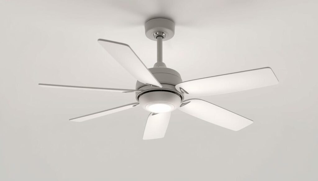 A sleek, minimalist rendering of a ceiling-mounted electric fan, its blades gently rotating under bright, evenly distributed studio lighting. The fan's components are highlighted in crisp detail, showcasing its inner workings and energy efficiency ratings. The background is a clean, neutral tone, allowing the fan to be the central focus. The overall impression conveys a sense of precision, functionality, and a clear understanding of the fan's power consumption and usage within a domestic setting.