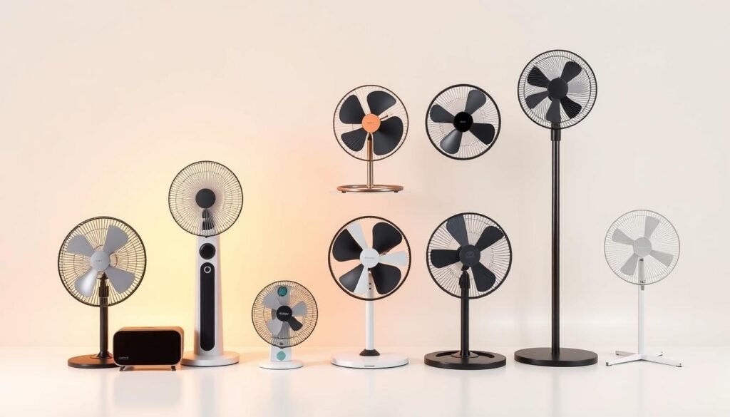 A sleek, modern comparison of different types of household fans displayed against a clean, minimalist background. The fans, ranging from small desktop models to larger floor-standing varieties, are arranged in a grid layout, showcasing their distinct designs and features. Subtle, warm lighting illuminates the fans, highlighting their materials and construction. The image conveys a sense of efficiency and functionality, providing a clear visual reference for the energy consumption and usage characteristics of the various fan types.