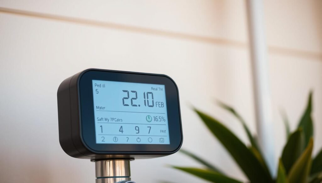A sleek, modern digital water meter display showing real-time water consumption data, positioned prominently in the foreground against a softly blurred background. The display features a clean, minimalist design with intuitive, easy-to-read metrics and visuals. The lighting is natural and warm, creating a sense of clarity and reliability. The angle is slightly elevated, giving the impression of an informative, at-a-glance presentation. The overall mood is one of efficiency, transparency, and the empowerment of the individual homeowner to monitor and manage their water usage.