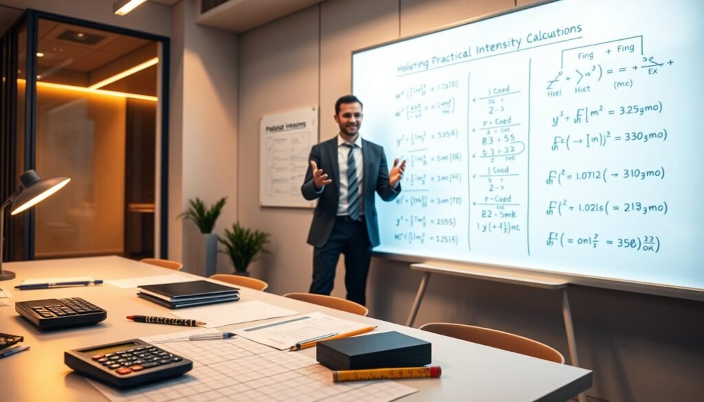 A sleek, modern office setting with a large whiteboard or chalkboard display. In the foreground, a desk with various mathematical tools and instruments, such as a calculator, ruler, and graph paper. In the middle ground, a person standing and gesturing towards the board, dressed in professional attire. The board displays neatly organized formulas, equations, and diagrams related to practical intensity calculations. Warm, indirect lighting illuminates the scene, creating a focused and productive atmosphere. The overall composition conveys a sense of expertise, problem-solving, and effective communication of technical concepts.