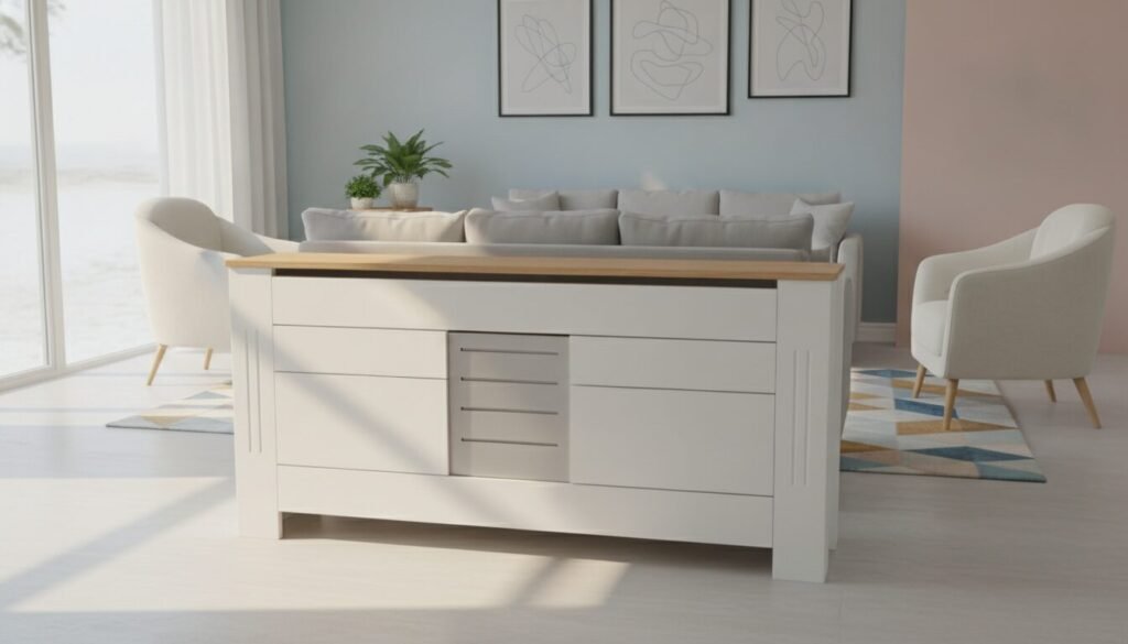 A sleek, modern radiator cover elegantly designed with clean lines and natural wood accents, prominently featured in the foreground. The cover is partially opened, revealing slim, adjustable vents, hinting at its customizable features. In the middle ground, a well-organized living space showcases soft, comfortable furniture arranged around a stylish area rug, with ambient light filtering through a large window, creating a warm, inviting atmosphere. The background features muted pastel walls adorned with minimalistic art pieces, enhancing the contemporary vibe. The scene is captured from a slightly elevated angle to highlight the radiator cover's functionality and aesthetic appeal, while soft, natural lighting emphasizes texture and detail, suggesting a refined and modern home environment. A sleek, modern radiator cover elegantly designed with clean lines and natural wood accents, prominently featured in the foreground. The cover is partially opened, revealing slim, adjustable vents, hinting at its customizable features. In the middle ground, a well-organized living space showcases soft, comfortable furniture arranged around a stylish area rug, with ambient light filtering through a large window, creating a warm, inviting atmosphere. The background features muted pastel walls adorned with minimalistic art pieces, enhancing the contemporary vibe. The scene is captured from a slightly elevated angle to highlight the radiator cover's functionality and aesthetic appeal, while soft, natural lighting emphasizes texture and detail, suggesting a refined and modern home environment.