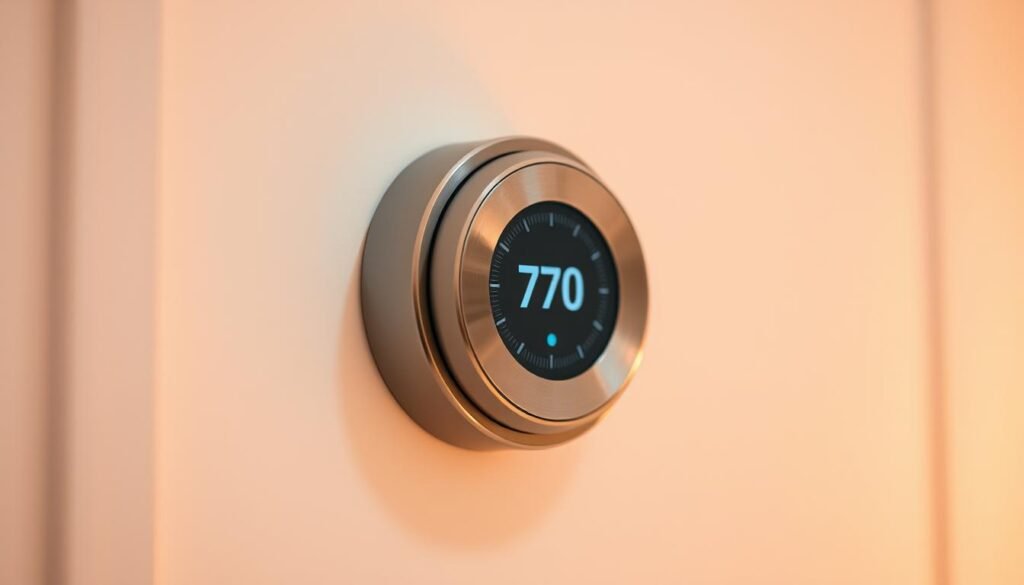 Detailed close-up shot of a modern, silver-toned thermostat mounted on a white wall. The thermostat's display shows the current temperature and a dial for adjusting the setting. Warm, soft lighting illuminates the scene, creating a sense of comfort and functionality. The thermostat is the focal point, occupying the center of the frame, with a clean, minimalist background that allows the device to stand out. The image conveys a sense of precision and control, hinting at the importance of properly adjusting the thermostat for optimal home comfort.