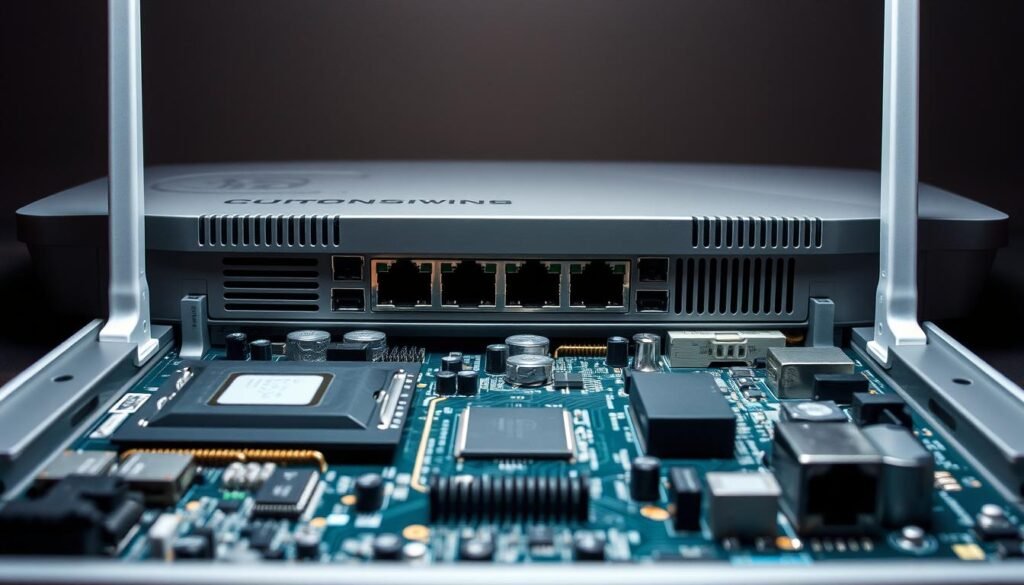 A close-up, high-detailed image of the inner components of a home internet router or modem. The foreground displays the circuit board, processors, and various electronic modules neatly arranged. In the middle ground, there are several network ports, antennas, and cooling vents. The background features a sleek, minimalist casing in muted tones, conveying a sense of modern technology and engineering. The lighting is soft and directional, highlighting the intricate details of the components. The overall mood is one of technical sophistication and functional elegance, suitable for illustrating the inner workings of a home internet device. A close-up, high-detailed image of the inner components of a home internet router or modem. The foreground displays the circuit board, processors, and various electronic modules neatly arranged. In the middle ground, there are several network ports, antennas, and cooling vents. The background features a sleek, minimalist casing in muted tones, conveying a sense of modern technology and engineering. The lighting is soft and directional, highlighting the intricate details of the components. The overall mood is one of technical sophistication and functional elegance, suitable for illustrating the inner workings of a home internet device.