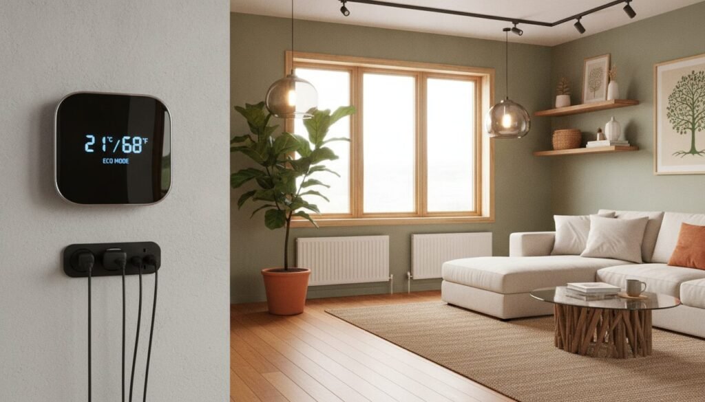 A cozy, modern living room showcasing energy-efficient technologies. In the foreground, a sleek digital thermostat is mounted on a wall, displaying temperature settings with a soft glow. In the middle ground, a large window allows natural light to flood in, illuminating a lush indoor plant and energy-efficient lighting fixtures. In the background, we see energy-optimized heating radiators and insulated walls with eco-friendly decorations. The scene is captured with a warm color palette to convey comfort, using soft, diffused lighting to create an inviting atmosphere. The angle is slightly elevated, giving a comprehensive view of the space, emphasizing how these features work together to enhance both energy efficiency and thermal comfort. A cozy, modern living room showcasing energy-efficient technologies. In the foreground, a sleek digital thermostat is mounted on a wall, displaying temperature settings with a soft glow. In the middle ground, a large window allows natural light to flood in, illuminating a lush indoor plant and energy-efficient lighting fixtures. In the background, we see energy-optimized heating radiators and insulated walls with eco-friendly decorations. The scene is captured with a warm color palette to convey comfort, using soft, diffused lighting to create an inviting atmosphere. The angle is slightly elevated, giving a comprehensive view of the space, emphasizing how these features work together to enhance both energy efficiency and thermal comfort.