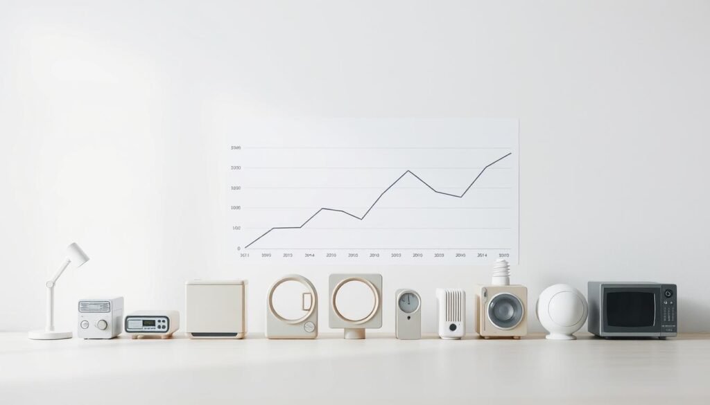 A detailed comparison of household electricity consumption showcased against a clean, minimalist background. In the foreground, sleek, stylized icons representing different household appliances and devices, arranged to visually depict their relative energy usage. The middle ground features a sophisticated line graph, its curves and axes neatly conveying energy consumption data. Subtle, muted color tones create a sense of balance and clarity, allowing the information to take center stage. Carefully considered camera angles and lighting emphasize the analytical, informative nature of the image, inviting the viewer to closely examine the data and draw insights. An image that seamlessly blends form and function, designed to clearly illustrate the nuances of average monthly electricity consumption for a single-person household.