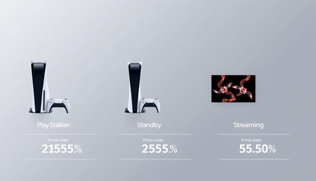 A detailed comparison of power consumption between PlayStation 5 models during gaming, standby, and streaming. A clean, minimalist infographic layout showing three side-by-side visuals of the PS5 devices, each with clear energy usage metrics displayed underneath. Muted, sophisticated color palette with subtle gradients. Crisp, high-resolution rendering showcasing the sleek industrial design of the consoles. Careful lighting to highlight the contours and textures. Seamless integration of quantitative data presented in a clear, easy-to-interpret manner. An informative, visually striking image to accompany the article's section on electricity bill impact. A detailed comparison of power consumption between PlayStation 5 models during gaming, standby, and streaming. A clean, minimalist infographic layout showing three side-by-side visuals of the PS5 devices, each with clear energy usage metrics displayed underneath. Muted, sophisticated color palette with subtle gradients. Crisp, high-resolution rendering showcasing the sleek industrial design of the consoles. Careful lighting to highlight the contours and textures. Seamless integration of quantitative data presented in a clear, easy-to-interpret manner. An informative, visually striking image to accompany the article's section on electricity bill impact.