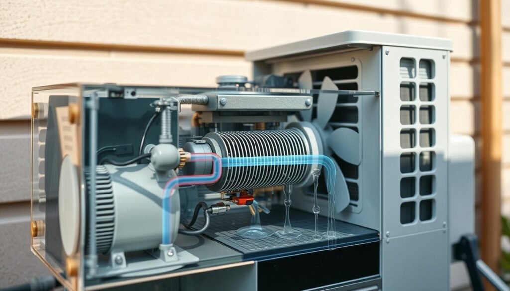 A detailed cross-section of a residential air conditioning unit, showcasing the inner workings and flow of condensation. The foreground features the compressor and refrigerant lines, with a transparent casing revealing the intricate mechanisms. The middle ground depicts the heat exchanger coils, fans, and drip tray, illustrating the condensation process. The background showcases the exterior housing, with a soft, muted color scheme to emphasize the technical elements. The lighting is natural and indirect, casting subtle shadows to accentuate the contours and textures. The overall composition conveys a sense of technical precision and educational clarity, suitable for explaining the concept of "condensation climatisation".