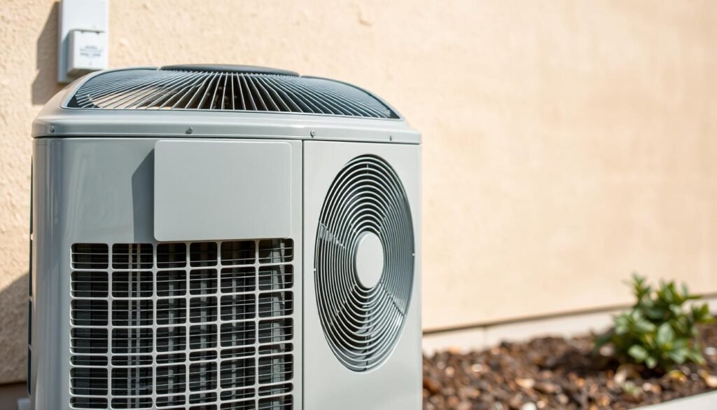 A detailed, high-resolution photograph of the exterior unit of an air conditioning system, positioned in the foreground with a focus on the inspection panel. The unit is situated in a well-lit outdoor environment, with a clean, neutral background to emphasize the subject. The lighting is natural, casting soft shadows and highlights to reveal the texture and structure of the unit. The camera angle is slightly elevated, providing a clear view of the inspection panel and the overall shape and size of the exterior unit. The image conveys a sense of technical inspection, highlighting the key features that would be examined during a maintenance check.