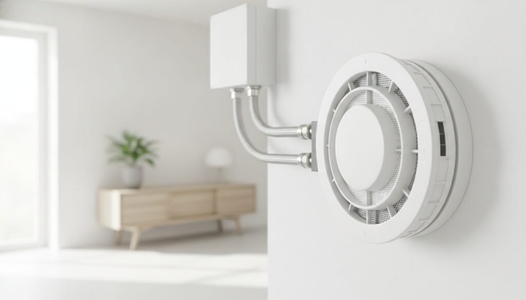 A high-quality product image of a "bouche vmc hygroréglable," showcasing its intricate features and design. In the foreground, display the VMC air valve prominently, highlighting the adjustable humidity control mechanism with clear, detailed textures. The middle ground features a sleek, modern ventilation system setup, demonstrating how the air valve integrates into a residential or commercial environment. The background includes a softly blurred image of an indoor space showing minimalistic decor, ensuring focus remains on the product. The lighting is bright and even, mimicking natural light to enhance the features while casting gentle shadows. The mood should be professional and informative, perfect for a guide on air extraction products. A high-quality product image of a "bouche vmc hygroréglable," showcasing its intricate features and design. In the foreground, display the VMC air valve prominently, highlighting the adjustable humidity control mechanism with clear, detailed textures. The middle ground features a sleek, modern ventilation system setup, demonstrating how the air valve integrates into a residential or commercial environment. The background includes a softly blurred image of an indoor space showing minimalistic decor, ensuring focus remains on the product. The lighting is bright and even, mimicking natural light to enhance the features while casting gentle shadows. The mood should be professional and informative, perfect for a guide on air extraction products.