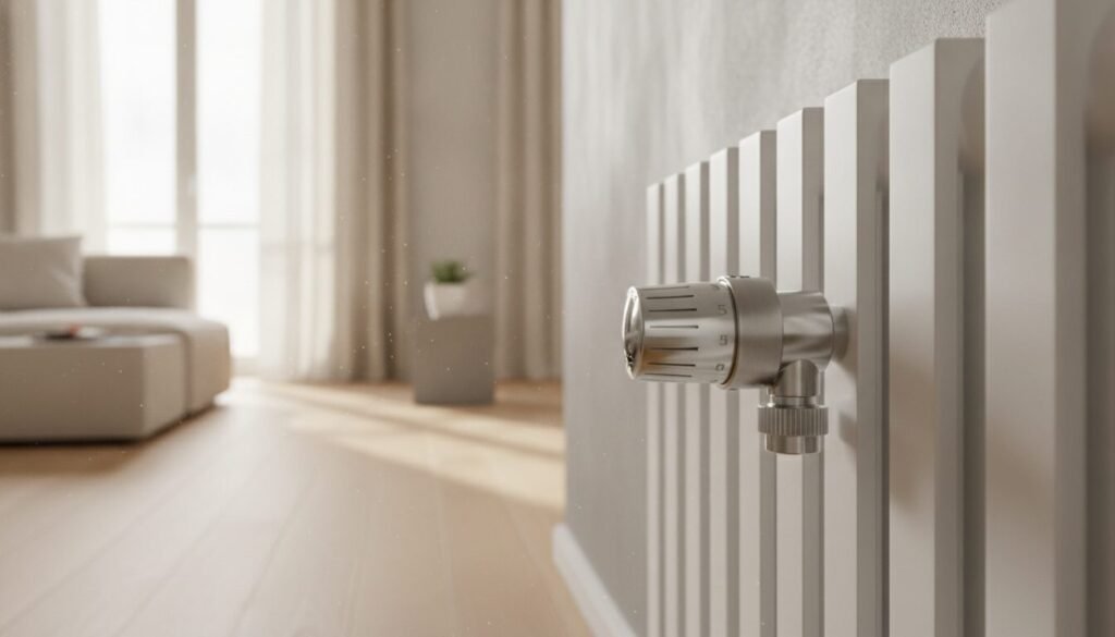 A high-resolution image of a stylish, modern thermostatic radiator valve, prominently placed in the foreground. The valve should feature a sleek metallic finish with clear design details, showcasing its temperature dial and adjustable settings. In the middle ground, display a beautifully designed radiator, with clean lines and a contemporary aesthetic, blending harmoniously with a stylish interior setting, perhaps a minimalistic room with light-colored walls and soft furnishings. The background should have soft natural lighting filtering through a window, creating a warm and inviting atmosphere. Use a shallow depth of field to keep the focus on the valve and radiator while softly blurring the background, enhancing the overall professional look of the scene. A high-resolution image of a stylish, modern thermostatic radiator valve, prominently placed in the foreground. The valve should feature a sleek metallic finish with clear design details, showcasing its temperature dial and adjustable settings. In the middle ground, display a beautifully designed radiator, with clean lines and a contemporary aesthetic, blending harmoniously with a stylish interior setting, perhaps a minimalistic room with light-colored walls and soft furnishings. The background should have soft natural lighting filtering through a window, creating a warm and inviting atmosphere. Use a shallow depth of field to keep the focus on the valve and radiator while softly blurring the background, enhancing the overall professional look of the scene.