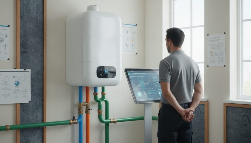 A modern energy-efficient heating system installation, highlighting the optimization of fuel consumption. In the foreground, a professional technician in smart casual attire observes a digital energy management display, analyzing real-time data. In the middle ground, a sleek, high-tech boiler is installed in a well-lit utility room, showcasing vibrant pipes and energy-efficient design. In the background, sunny windows allow natural light to flood in, illuminating eco-friendly insulation and energy audits charts on the walls. The ambiance is professional and proactive, emphasizing a commitment to sustainability and efficient energy use. The room is organized and clean, exuding an atmosphere of modernization and innovation, captured with soft lighting to enhance the clarity of each detail. A modern energy-efficient heating system installation, highlighting the optimization of fuel consumption. In the foreground, a professional technician in smart casual attire observes a digital energy management display, analyzing real-time data. In the middle ground, a sleek, high-tech boiler is installed in a well-lit utility room, showcasing vibrant pipes and energy-efficient design. In the background, sunny windows allow natural light to flood in, illuminating eco-friendly insulation and energy audits charts on the walls. The ambiance is professional and proactive, emphasizing a commitment to sustainability and efficient energy use. The room is organized and clean, exuding an atmosphere of modernization and innovation, captured with soft lighting to enhance the clarity of each detail.