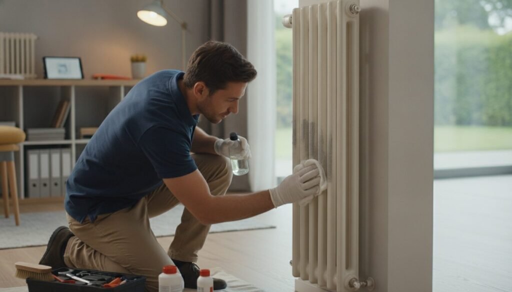 A modern indoor scene showcasing a professional technician engaged in radiator maintenance, emphasizing the act of cleaning a vertical radiator. In the foreground, the technician, dressed in smart casual clothing, focuses on using a cloth and cleaning solution, demonstrating an attentive approach to upkeep. The middle ground features a sleek, contemporary vertical radiator with visible dust, hinting at the task at hand. In the background, a well-lit, organized workspace reveals tools and materials related to radiator care, with soft, warm lighting creating a cozy atmosphere. The angle is slightly elevated, capturing the depth of the scene while highlighting the importance of maintaining home heating systems. Overall, the image conveys diligence and professionalism in product care. A modern indoor scene showcasing a professional technician engaged in radiator maintenance, emphasizing the act of cleaning a vertical radiator. In the foreground, the technician, dressed in smart casual clothing, focuses on using a cloth and cleaning solution, demonstrating an attentive approach to upkeep. The middle ground features a sleek, contemporary vertical radiator with visible dust, hinting at the task at hand. In the background, a well-lit, organized workspace reveals tools and materials related to radiator care, with soft, warm lighting creating a cozy atmosphere. The angle is slightly elevated, capturing the depth of the scene while highlighting the importance of maintaining home heating systems. Overall, the image conveys diligence and professionalism in product care.