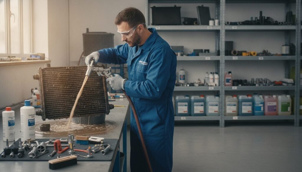 A professional technician in a blue uniform, focused on flushing a radiator, demonstrating the process of "désembouage" in a well-lit, organized workshop setting. The foreground features tools like a hose and equipment set up neatly, while the technician is in action, wearing safety goggles and gloves. In the middle ground, there’s a disassembled radiator showcasing the buildup of debris, emphasizing the complexity of the job. The background shows shelves stocked with cleaning supplies and equipment, enhancing the professional atmosphere. Soft, natural light filters in from a window, casting an inviting glow. The overall mood is focused, expert, and clean, portraying the importance of hiring a professional for effective radiator cleaning. A professional technician in a blue uniform, focused on flushing a radiator, demonstrating the process of "désembouage" in a well-lit, organized workshop setting. The foreground features tools like a hose and equipment set up neatly, while the technician is in action, wearing safety goggles and gloves. In the middle ground, there’s a disassembled radiator showcasing the buildup of debris, emphasizing the complexity of the job. The background shows shelves stocked with cleaning supplies and equipment, enhancing the professional atmosphere. Soft, natural light filters in from a window, casting an inviting glow. The overall mood is focused, expert, and clean, portraying the importance of hiring a professional for effective radiator cleaning.