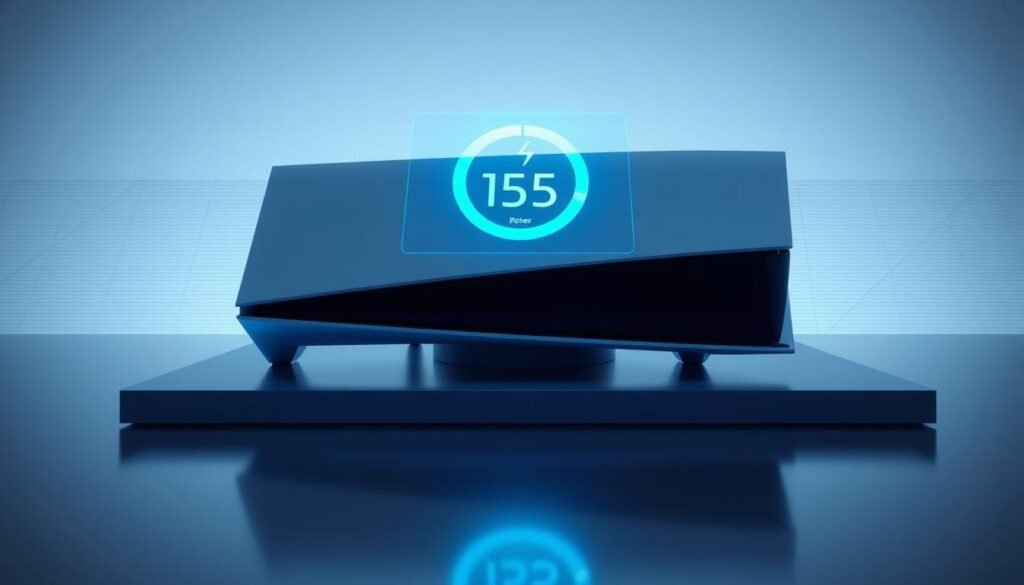 A sleek, minimalist rendering of a PlayStation 5 console, its power consumption metrics displayed on a stylized holographic interface. The device rests on a reflective, chrome-like surface, bathed in a soft, diffused lighting that highlights its angular, futuristic design. In the background, a subtle grid pattern suggests a technological environment, while muted tones of blue and gray evoke a sense of efficiency and precision. The overall composition conveys a clean, modern aesthetic that aligns with the "Astuces pour optimiser la consommation électrique de la PS5" section title. A sleek, minimalist rendering of a PlayStation 5 console, its power consumption metrics displayed on a stylized holographic interface. The device rests on a reflective, chrome-like surface, bathed in a soft, diffused lighting that highlights its angular, futuristic design. In the background, a subtle grid pattern suggests a technological environment, while muted tones of blue and gray evoke a sense of efficiency and precision. The overall composition conveys a clean, modern aesthetic that aligns with the "Astuces pour optimiser la consommation électrique de la PS5" section title.