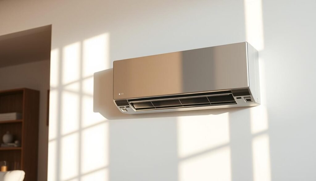 A sleek, modern air conditioning unit standing prominently against a minimalist, light-colored wall. The unit has a clean, rectangular design with a glossy, metallic finish that reflects the surrounding environment. Subtle yet powerful LED indicator lights glow softly, conveying the device's operational status. Sunlight streams in from a nearby window, casting gentle shadows and highlights that accentuate the unit's form and texture. The overall scene exudes a sense of efficient, high-performance cooling technology seamlessly integrated into a contemporary living space. A sleek, modern air conditioning unit standing prominently against a minimalist, light-colored wall. The unit has a clean, rectangular design with a glossy, metallic finish that reflects the surrounding environment. Subtle yet powerful LED indicator lights glow softly, conveying the device's operational status. Sunlight streams in from a nearby window, casting gentle shadows and highlights that accentuate the unit's form and texture. The overall scene exudes a sense of efficient, high-performance cooling technology seamlessly integrated into a contemporary living space.