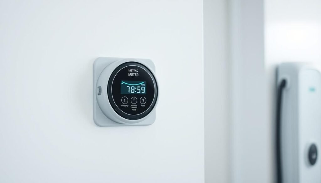 A sleek, modern household electric meter mounted on a white wall, its digital display providing precise energy consumption data. The meter is situated in a well-lit, minimalist interior, with soft, diffused lighting creating a clean, professional atmosphere. The scene captures the technical aspects of verifying electrical infrastructure for a home charging station, emphasizing the importance of understanding power requirements and existing electrical capacity. The composition highlights the meter's compact, streamlined design, conveying a sense of efficiency and technological integration within the domestic space. A sleek, modern household electric meter mounted on a white wall, its digital display providing precise energy consumption data. The meter is situated in a well-lit, minimalist interior, with soft, diffused lighting creating a clean, professional atmosphere. The scene captures the technical aspects of verifying electrical infrastructure for a home charging station, emphasizing the importance of understanding power requirements and existing electrical capacity. The composition highlights the meter's compact, streamlined design, conveying a sense of efficiency and technological integration within the domestic space.
