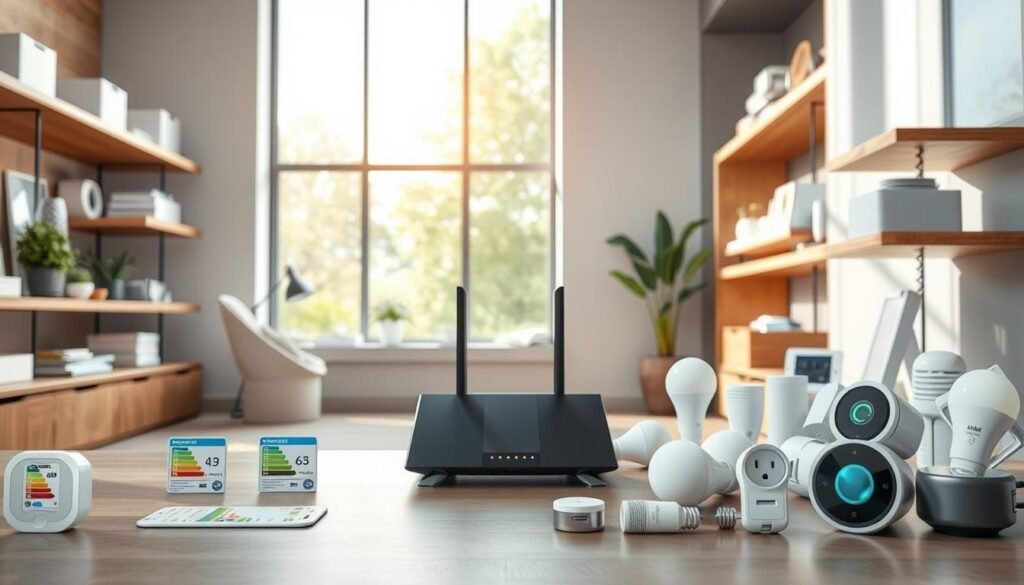 A sleek, modern interior with a variety of connected smart home devices arranged on shelves and surfaces. In the foreground, a high-tech router or modem takes center stage, surrounded by energy efficiency labels and certifications. The middle ground features a collection of smart plugs, light bulbs, and appliance controllers, all showcasing their energy consumption and performance ratings. In the background, a large window allows natural light to flood the space, creating a bright and airy atmosphere. The overall scene conveys a sense of technological advancement and environmental responsibility in the realm of connected home energy management. A sleek, modern interior with a variety of connected smart home devices arranged on shelves and surfaces. In the foreground, a high-tech router or modem takes center stage, surrounded by energy efficiency labels and certifications. The middle ground features a collection of smart plugs, light bulbs, and appliance controllers, all showcasing their energy consumption and performance ratings. In the background, a large window allows natural light to flood the space, creating a bright and airy atmosphere. The overall scene conveys a sense of technological advancement and environmental responsibility in the realm of connected home energy management.