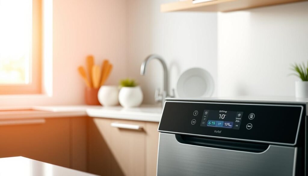 A sleek, modern kitchen counter with a state-of-the-art dishwasher in the foreground. The dishwasher's control panel displays various energy-efficient settings, with clear visuals and intuitive icons. In the middle ground, a hands-on demonstration showcases the dishwasher's water-saving cycles and optimized water usage. The background features a serene, minimalist kitchen setting, bathed in warm, natural lighting that highlights the dishwasher's clean, efficient design. The overall scene conveys a sense of practicality, sustainability, and a commitment to making eco-friendly choices in the home. A sleek, modern kitchen counter with a state-of-the-art dishwasher in the foreground. The dishwasher's control panel displays various energy-efficient settings, with clear visuals and intuitive icons. In the middle ground, a hands-on demonstration showcases the dishwasher's water-saving cycles and optimized water usage. The background features a serene, minimalist kitchen setting, bathed in warm, natural lighting that highlights the dishwasher's clean, efficient design. The overall scene conveys a sense of practicality, sustainability, and a commitment to making eco-friendly choices in the home.