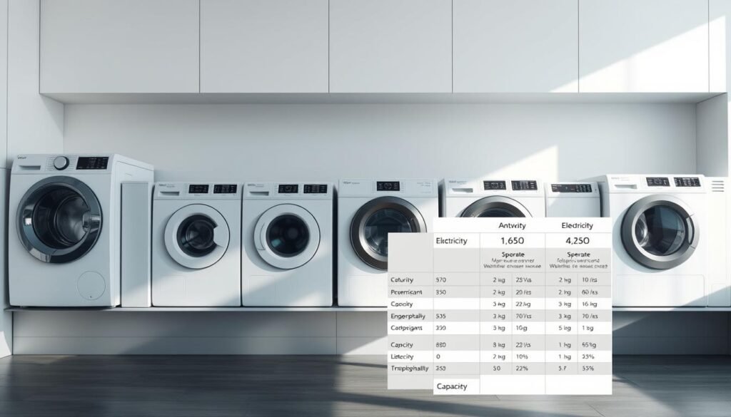 A sleek, modern kitchen interior with a row of energy-efficient washing machines aligned against a pristine white wall. The machines vary in size, design, and control panels, showcasing the diversity in household appliance power consumption. Bright, directional lighting casts dramatic shadows, emphasizing the clean lines and minimalist aesthetic. In the foreground, a detailed comparison chart hovers, detailing the electricity usage, program options, and capacity specifications of each washer model. The overall scene conveys a sense of technological sophistication and consumer awareness around sustainable home appliances. A sleek, modern kitchen interior with a row of energy-efficient washing machines aligned against a pristine white wall. The machines vary in size, design, and control panels, showcasing the diversity in household appliance power consumption. Bright, directional lighting casts dramatic shadows, emphasizing the clean lines and minimalist aesthetic. In the foreground, a detailed comparison chart hovers, detailing the electricity usage, program options, and capacity specifications of each washer model. The overall scene conveys a sense of technological sophistication and consumer awareness around sustainable home appliances.