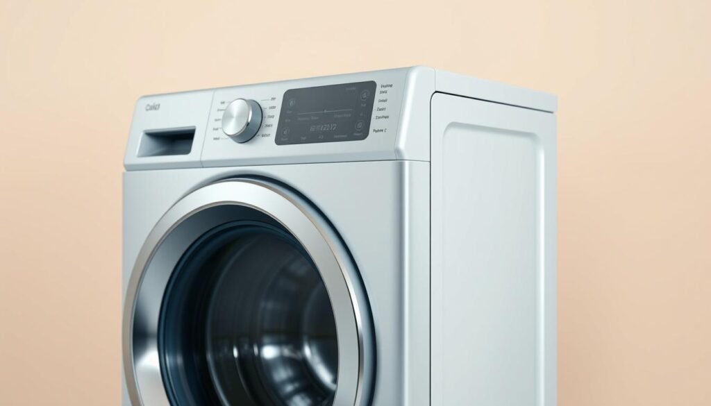 A sleek, modern washing machine set against a clean, minimalist background. The machine is depicted in a 3/4 angled view, showcasing its intuitive control panel with labeled knobs and buttons representing various wash cycle settings and energy consumption factors. Soft, directional lighting from the top-left highlights the machine's smooth, stainless steel finish, creating a sense of high-end, efficient design. The background is a simple, neutral color that allows the washing machine to be the focal point, emphasizing its role as a key component in understanding power consumption in laundry appliances. A sleek, modern washing machine set against a clean, minimalist background. The machine is depicted in a 3/4 angled view, showcasing its intuitive control panel with labeled knobs and buttons representing various wash cycle settings and energy consumption factors. Soft, directional lighting from the top-left highlights the machine's smooth, stainless steel finish, creating a sense of high-end, efficient design. The background is a simple, neutral color that allows the washing machine to be the focal point, emphasizing its role as a key component in understanding power consumption in laundry appliances.