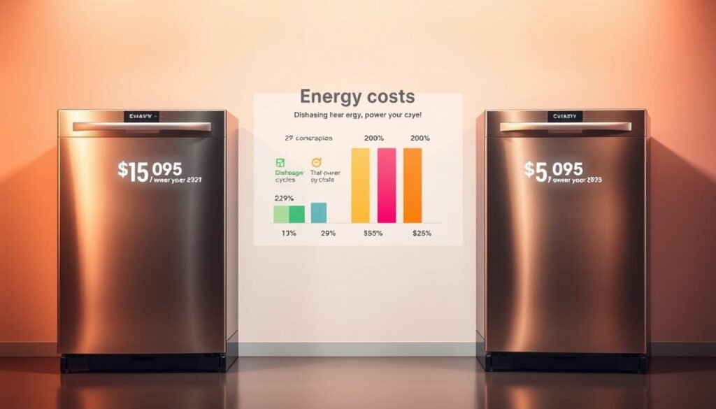 A visually striking comparison of energy costs for dishwashers, showcasing their varying power consumption across different wash cycles. In the foreground, three sleek, modern dishwashers stand side by side, their stainless steel facades gleaming under warm, directional lighting. Behind them, a minimalist infographic displays energy consumption data for each machine, using a color-coded system to highlight the differences. The background features a subtle gradient, lending depth and a sense of clean, scientific inquiry to the scene. The overall tone is one of informative clarity, guiding the viewer through the nuances of energy-efficient dishwasher selection. A visually striking comparison of energy costs for dishwashers, showcasing their varying power consumption across different wash cycles. In the foreground, three sleek, modern dishwashers stand side by side, their stainless steel facades gleaming under warm, directional lighting. Behind them, a minimalist infographic displays energy consumption data for each machine, using a color-coded system to highlight the differences. The background features a subtle gradient, lending depth and a sense of clean, scientific inquiry to the scene. The overall tone is one of informative clarity, guiding the viewer through the nuances of energy-efficient dishwasher selection.