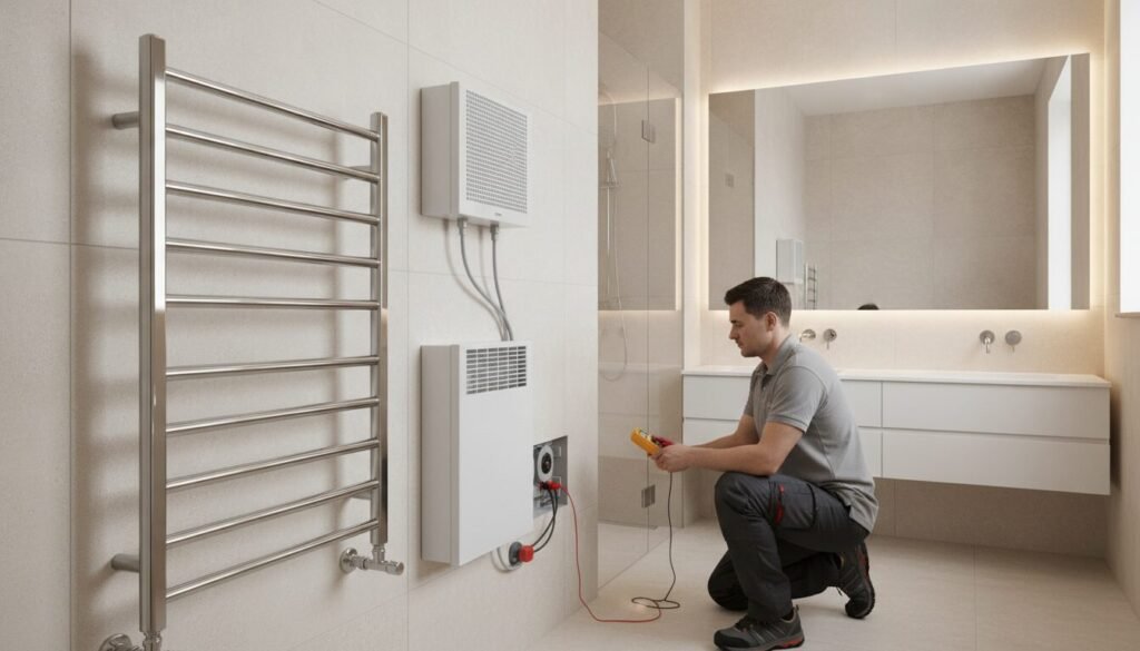 A well-lit bathroom featuring a secure heating installation, designed for safety and compliance. In the foreground, a modern, stylish towel warmer is mounted on the wall, showcasing its sleek metal finish. In the middle, a professional-looking technician in modest casual clothing inspects the heating system, using a digital multimeter to check electrical connections, ensuring everything is up to code. The background includes elegant tiles and a soothing color scheme to enhance the spa-like atmosphere. Soft, ambient lighting illuminates the space, creating a warm and inviting mood. A mirror reflects the installation, emphasizing the attention to detail and safety standards upheld in the design. No text or any distractions present, focusing entirely on the essentials of a safe bathroom heating installation. A well-lit bathroom featuring a secure heating installation, designed for safety and compliance. In the foreground, a modern, stylish towel warmer is mounted on the wall, showcasing its sleek metal finish. In the middle, a professional-looking technician in modest casual clothing inspects the heating system, using a digital multimeter to check electrical connections, ensuring everything is up to code. The background includes elegant tiles and a soothing color scheme to enhance the spa-like atmosphere. Soft, ambient lighting illuminates the space, creating a warm and inviting mood. A mirror reflects the installation, emphasizing the attention to detail and safety standards upheld in the design. No text or any distractions present, focusing entirely on the essentials of a safe bathroom heating installation.