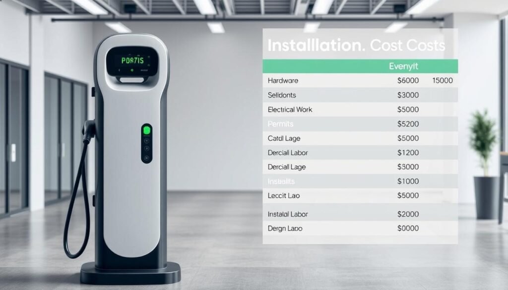 Detailed installation cost of an electric vehicle charging station. A modern, sleek EV charging point in the foreground, with a detailed cost breakdown chart behind it, showcasing various expenses such as hardware, electrical work, permits, and installation labor. The background features a clean, minimalist office or industrial setting, with neutral tones and subtle lighting to focus attention on the key elements. The image conveys a sense of precision, professionalism, and clear financial transparency around the investment required for this sustainable infrastructure. Detailed installation cost of an electric vehicle charging station. A modern, sleek EV charging point in the foreground, with a detailed cost breakdown chart behind it, showcasing various expenses such as hardware, electrical work, permits, and installation labor. The background features a clean, minimalist office or industrial setting, with neutral tones and subtle lighting to focus attention on the key elements. The image conveys a sense of precision, professionalism, and clear financial transparency around the investment required for this sustainable infrastructure.