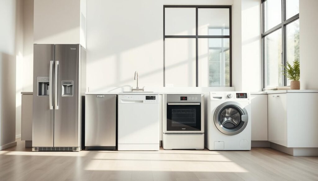 Energy-efficient home appliances arranged in a sleek, modern kitchen setting. In the foreground, a state-of-the-art refrigerator, dishwasher, and washing machine stand side by side, their minimalist designs and Energy Star certifications prominently displayed. In the middle ground, a convection oven and induction cooktop blend seamlessly into the stylish, light-colored cabinetry. The background features large windows that flood the space with natural light, creating a bright and airy atmosphere. The overall scene conveys a sense of efficiency, technology, and environmental consciousness, perfectly capturing the essence of "energy-efficient home appliances."