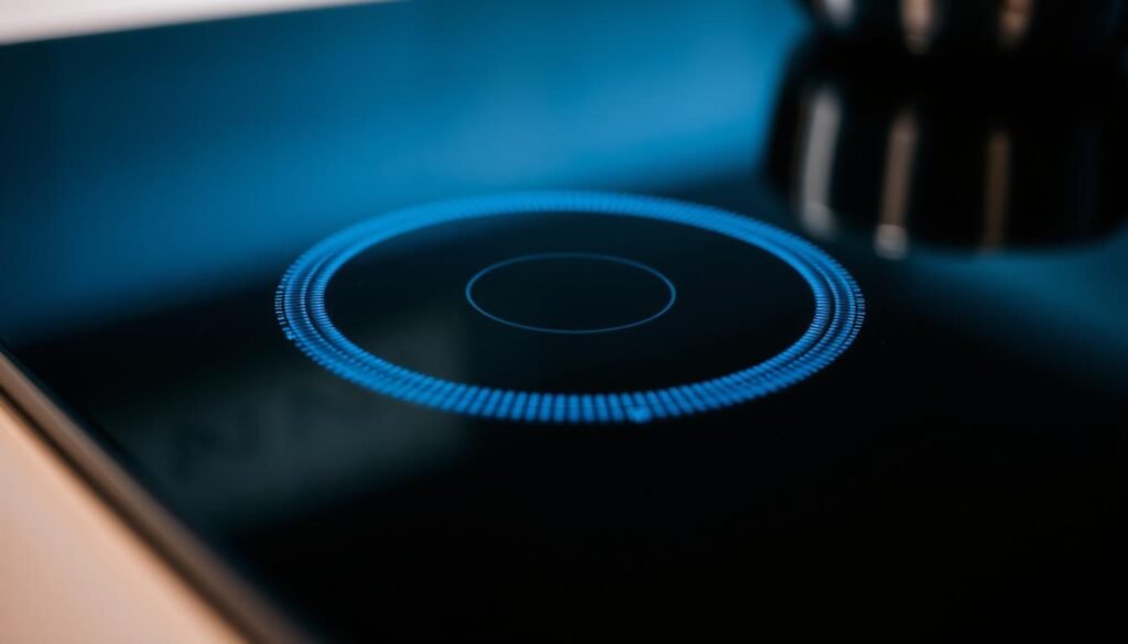 A close-up view of a modern electric induction cooktop, showcasing its sleek black glass surface and minimalist design. The induction coils beneath the surface are visible, glowing with a soft blue-white light, radiating heat and energy. The scene is well-lit, with a soft, diffused lighting that accentuates the smooth, reflective surface of the cooktop. The background is slightly blurred, placing the focus on the induction technology at the center of the frame. The overall atmosphere conveys a sense of efficiency, precision, and the cutting-edge technology of induction cooking. A close-up view of a modern electric induction cooktop, showcasing its sleek black glass surface and minimalist design. The induction coils beneath the surface are visible, glowing with a soft blue-white light, radiating heat and energy. The scene is well-lit, with a soft, diffused lighting that accentuates the smooth, reflective surface of the cooktop. The background is slightly blurred, placing the focus on the induction technology at the center of the frame. The overall atmosphere conveys a sense of efficiency, precision, and the cutting-edge technology of induction cooking.
