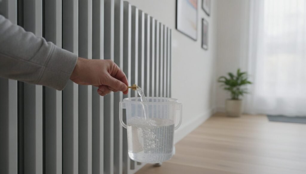 A close-up view of a modern radiator being purged, with a focus on the valve and the release of air bubbles. In the foreground, a hand in a modest casual outfit carefully operates the purge valve with a small container to catch any water. The middle ground features the sleek radiator, showcasing its metallic finish and design. In the background, a well-lit room with soft ambient light highlights the clean walls and minimalistic decor, creating a calm and practical atmosphere. The angle captures the action closely, emphasizing the procedural aspect of purging the radiator, reflecting a sense of attention to detail and maintenance. The overall mood is informative and focused, suitable for an instructional guide. A close-up view of a modern radiator being purged, with a focus on the valve and the release of air bubbles. In the foreground, a hand in a modest casual outfit carefully operates the purge valve with a small container to catch any water. The middle ground features the sleek radiator, showcasing its metallic finish and design. In the background, a well-lit room with soft ambient light highlights the clean walls and minimalistic decor, creating a calm and practical atmosphere. The angle captures the action closely, emphasizing the procedural aspect of purging the radiator, reflecting a sense of attention to detail and maintenance. The overall mood is informative and focused, suitable for an instructional guide.