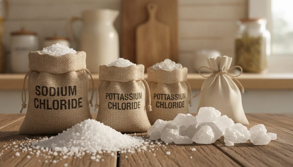 A close-up view of different types and forms of water softening salt, beautifully arranged on a wooden surface. In the foreground, display a variety of salt crystals, including fine granules and coarse grains, glistening under warm, natural light. In the middle ground, showcase small burlap bags or containers labeled with terms like "sodium chloride" and "potassium chloride," artfully positioned to emphasize their distinct textures. In the background, a blurred kitchen setting with soft colors, hinting at a cozy home environment. Use a shallow depth of field to focus on the salt while creating a warm, inviting atmosphere. The lighting should enhance the clarity and brightness of the crystals, reflecting a sense of purity and quality. A close-up view of different types and forms of water softening salt, beautifully arranged on a wooden surface. In the foreground, display a variety of salt crystals, including fine granules and coarse grains, glistening under warm, natural light. In the middle ground, showcase small burlap bags or containers labeled with terms like "sodium chloride" and "potassium chloride," artfully positioned to emphasize their distinct textures. In the background, a blurred kitchen setting with soft colors, hinting at a cozy home environment. Use a shallow depth of field to focus on the salt while creating a warm, inviting atmosphere. The lighting should enhance the clarity and brightness of the crystals, reflecting a sense of purity and quality.