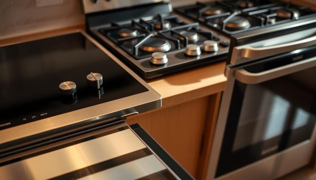 A close-up view of various cooking technologies, including a sleek, modern induction cooktop, a traditional gas stove with elegant knobs and burners, and a state-of-the-art convection oven with a tempered glass door. The scene is bathed in warm, natural lighting, casting subtle shadows and highlights that accentuate the textures and materials of the appliances. The layout is organized, with the devices arranged in a visually balanced composition, inviting the viewer to appreciate the design and functionality of these essential kitchen tools.