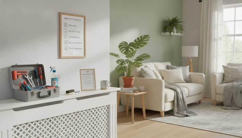 A cozy and well-lit living room featuring a stylish IKEA radiator cover in the foreground, with a neatly arranged space around it showcasing safety tips for maintenance. Include a close-up of a toolbox with tools like a screwdriver and cleaning supplies, emphasizing regular upkeep. In the middle ground, a hanging safety checklist on the wall includes visual icons for safety measures, such as ensuring proper ventilation and checking for obstructions. The background displays a calming color palette with soft furnishings and plants to create a warm and inviting atmosphere. The lighting is soft and natural, indicative of a bright afternoon. The entire scene conveys an air of professionalism and care in home maintenance, emphasizing the importance of safety and regular attention. A cozy and well-lit living room featuring a stylish IKEA radiator cover in the foreground, with a neatly arranged space around it showcasing safety tips for maintenance. Include a close-up of a toolbox with tools like a screwdriver and cleaning supplies, emphasizing regular upkeep. In the middle ground, a hanging safety checklist on the wall includes visual icons for safety measures, such as ensuring proper ventilation and checking for obstructions. The background displays a calming color palette with soft furnishings and plants to create a warm and inviting atmosphere. The lighting is soft and natural, indicative of a bright afternoon. The entire scene conveys an air of professionalism and care in home maintenance, emphasizing the importance of safety and regular attention.