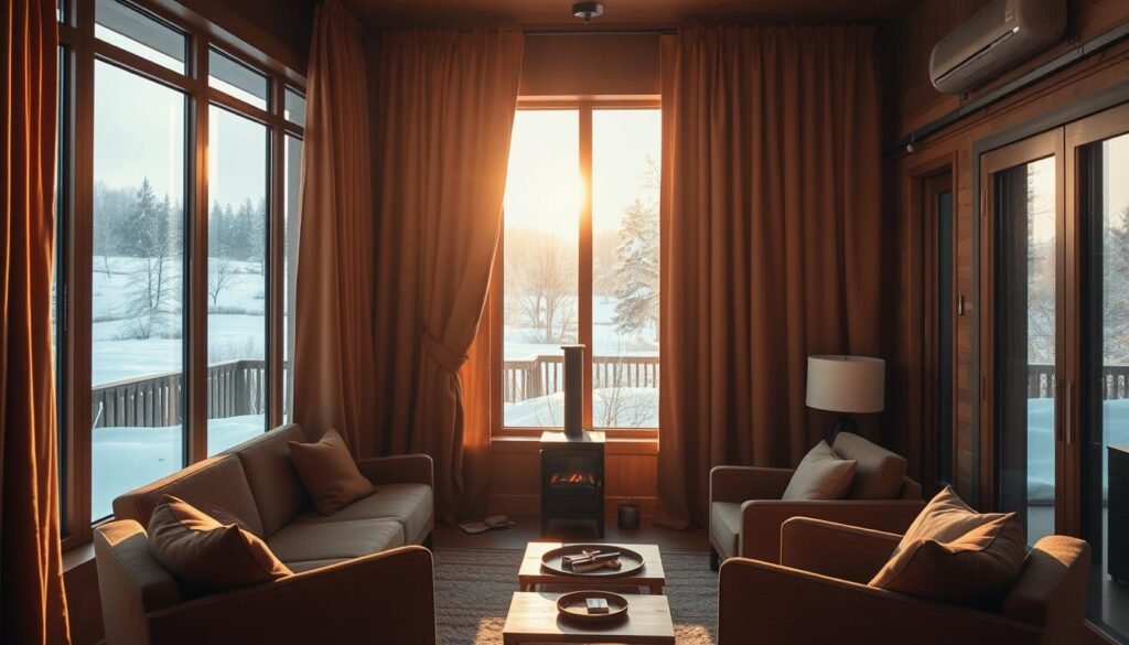 A cozy, well-insulated living room bathed in warm, natural lighting. In the foreground, a set of thermal curtains in a rich, earthy tone hang gracefully, their thick fabric effectively blocking drafts and retaining heat. The middle ground features a minimalist, contemporary sofa and armchair arrangement, invitingly arranged around a small, wood-burning stove, its flickering flames casting a soft, ambient glow. In the background, a large window overlooking a peaceful, snow-covered landscape, the insulated curtains ensuring the room remains comfortably temperate despite the wintry scene outside. A cozy, well-insulated living room bathed in warm, natural lighting. In the foreground, a set of thermal curtains in a rich, earthy tone hang gracefully, their thick fabric effectively blocking drafts and retaining heat. The middle ground features a minimalist, contemporary sofa and armchair arrangement, invitingly arranged around a small, wood-burning stove, its flickering flames casting a soft, ambient glow. In the background, a large window overlooking a peaceful, snow-covered landscape, the insulated curtains ensuring the room remains comfortably temperate despite the wintry scene outside.