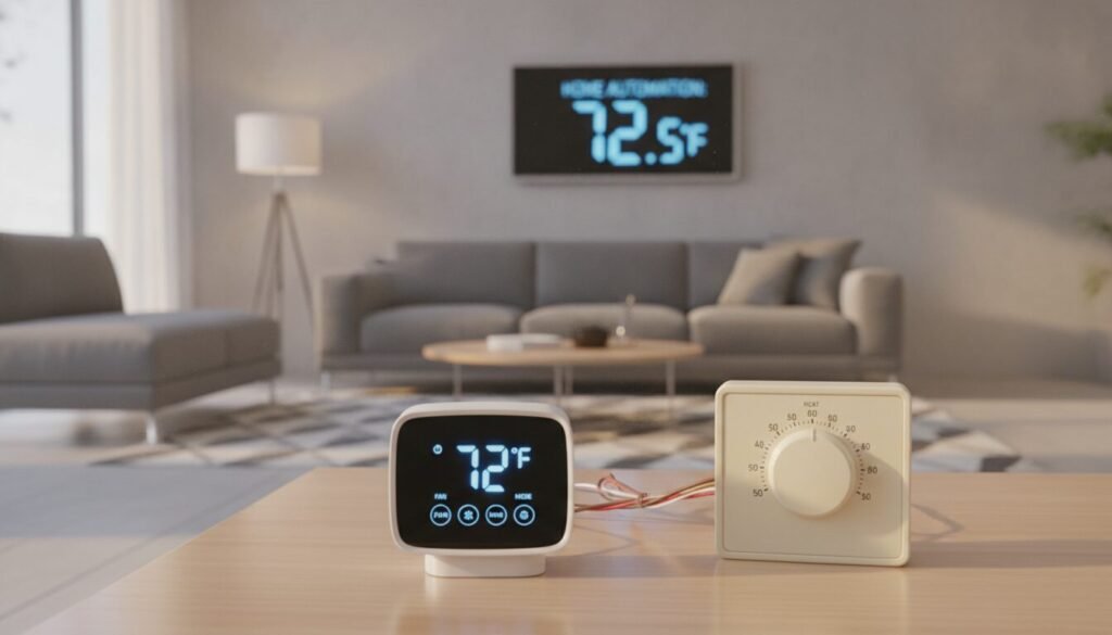 A detailed comparison scene of a wireless thermostat and a wired thermostat on a sleek, modern table. In the foreground, the wireless thermostat is elegantly designed, showcasing its advanced touch interface and sleek lines, while the wired thermostat, featuring a classic dial and visible wiring, sits adjacent. The middle ground features an ambient room setting with soft, warm lighting, enhancing the modern, cozy atmosphere. Background elements include a stylish wall with a digital temperature display, showcasing the smart home environment. The image is captured with a shallow depth of field, focusing sharply on the thermostats while gently blurring the background to emphasize the comparison. Natural light filters through nearby windows, creating a serene and inviting mood. No text or markings in the image. A detailed comparison scene of a wireless thermostat and a wired thermostat on a sleek, modern table. In the foreground, the wireless thermostat is elegantly designed, showcasing its advanced touch interface and sleek lines, while the wired thermostat, featuring a classic dial and visible wiring, sits adjacent. The middle ground features an ambient room setting with soft, warm lighting, enhancing the modern, cozy atmosphere. Background elements include a stylish wall with a digital temperature display, showcasing the smart home environment. The image is captured with a shallow depth of field, focusing sharply on the thermostats while gently blurring the background to emphasize the comparison. Natural light filters through nearby windows, creating a serene and inviting mood. No text or markings in the image.