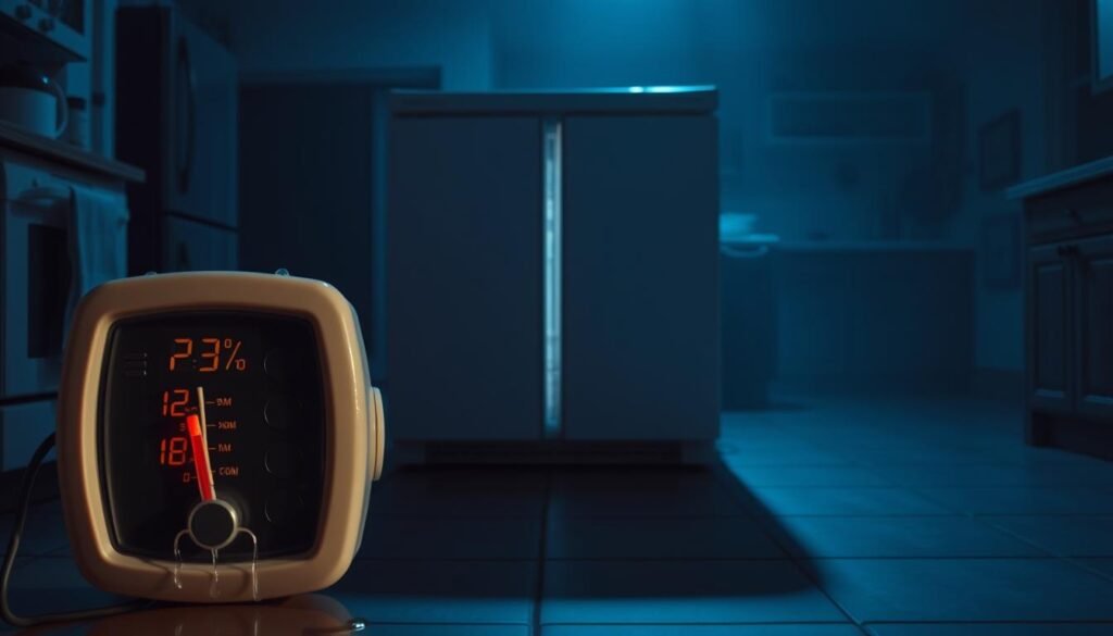 A dimly lit kitchen interior, with a large chest freezer in the center. The freezer's door is slightly ajar, revealing the contents starting to thaw. The room is bathed in a muted, bluish light, casting long shadows across the tiles. In the foreground, a digital thermometer displays the rising temperature, while condensation drips from the seals. The background is hazy, with blurred appliances and cabinets, hinting at the growing uncertainty and concern for the contents of the freezer. The overall atmosphere conveys a sense of unease and the need for decisive action to mitigate the effects of the power outage. A dimly lit kitchen interior, with a large chest freezer in the center. The freezer's door is slightly ajar, revealing the contents starting to thaw. The room is bathed in a muted, bluish light, casting long shadows across the tiles. In the foreground, a digital thermometer displays the rising temperature, while condensation drips from the seals. The background is hazy, with blurred appliances and cabinets, hinting at the growing uncertainty and concern for the contents of the freezer. The overall atmosphere conveys a sense of unease and the need for decisive action to mitigate the effects of the power outage.