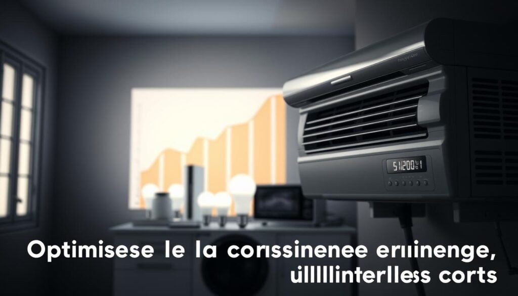 A dimly lit room with a modern air conditioning unit prominently displayed in the foreground, its sleek design and control panel visible. In the middle ground, energy-efficient household appliances and LED light bulbs are arranged, symbolizing efforts to optimize energy consumption. The background features a stylized graph or chart, showcasing data related to energy savings and carbon footprint reduction. The overall scene conveys a sense of efficiency, environmental consciousness, and cost-effectiveness, capturing the essence of "Optimiser la consommation énergétique et limiter les coûts".