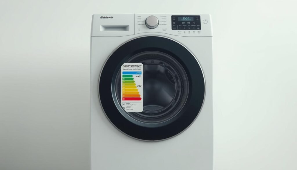 A highly detailed and realistic image of a washing machine energy efficiency label, prominently displayed against a clean, minimalist background. The label should be crisp and clear, showcasing the various energy efficiency ratings and icons in a visually appealing manner. The lighting should be soft and even, accentuating the label's details and creating a sense of professionalism and authority. The camera angle should be slightly elevated, allowing the label to fill a significant portion of the frame and commanding the viewer's attention. The overall mood should be one of informative clarity, reflecting the technical nature of the subject matter and its importance in the context of energy-efficient household appliances. A highly detailed and realistic image of a washing machine energy efficiency label, prominently displayed against a clean, minimalist background. The label should be crisp and clear, showcasing the various energy efficiency ratings and icons in a visually appealing manner. The lighting should be soft and even, accentuating the label's details and creating a sense of professionalism and authority. The camera angle should be slightly elevated, allowing the label to fill a significant portion of the frame and commanding the viewer's attention. The overall mood should be one of informative clarity, reflecting the technical nature of the subject matter and its importance in the context of energy-efficient household appliances.