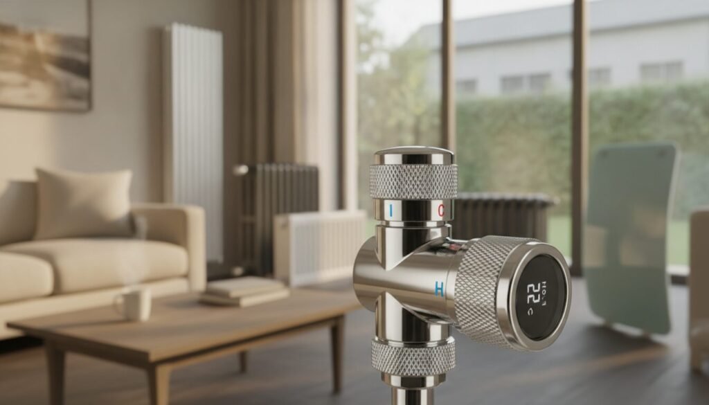 A highly detailed close-up image of a modern radiator valve (robinet radiateur) prominently displayed in the foreground. The valve should feature a sleek, chrome finish with clear markings for hot and cold settings. Surrounding the valve in the middle ground, various radiator models in different styles and sizes, showcasing options available on the market in 2026. The background should be softly blurred, with a contemporary home setting featuring cozy living spaces, emphasizing domestic comfort. Using soft, warm lighting to create an inviting atmosphere, the image should be taken at a slight angle to highlight the intricate design of the valve. The overall mood should convey a sense of reliability and modernity in heating solutions.